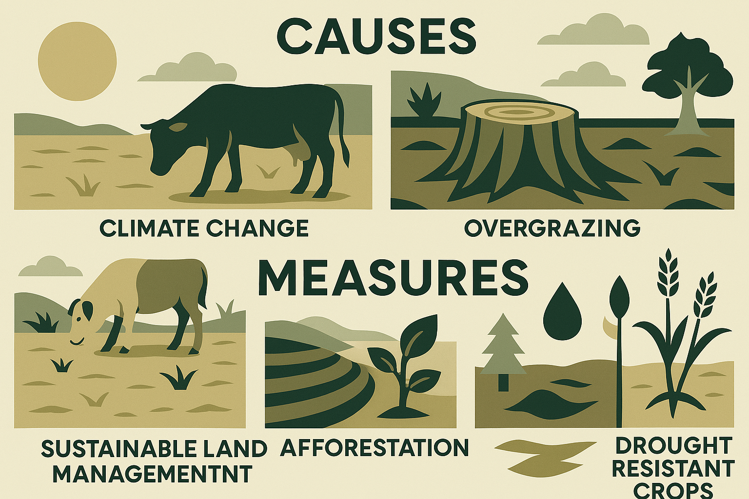 What are the causes of desertification and droughts? List the measures undertaken to combat them.
